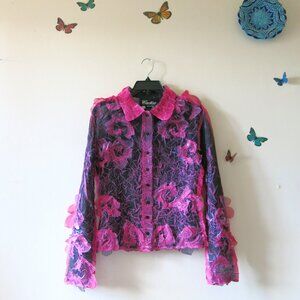 Vintage Cartise International 3D Floral Fabric Cringed Voile Trendy Blouse Sz. M